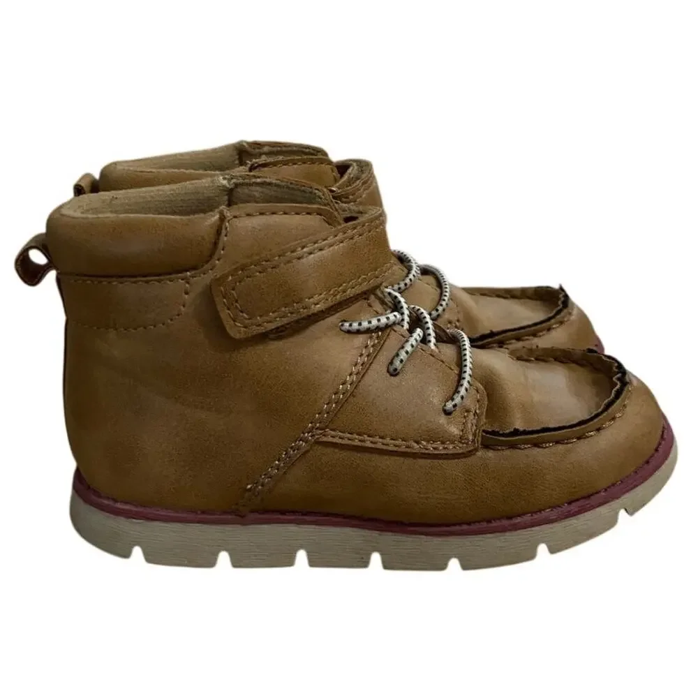 OshKosh Bgosh Boy's Ankle Booties Toddler 9M Brown Tan Lace Up Fastener Lined